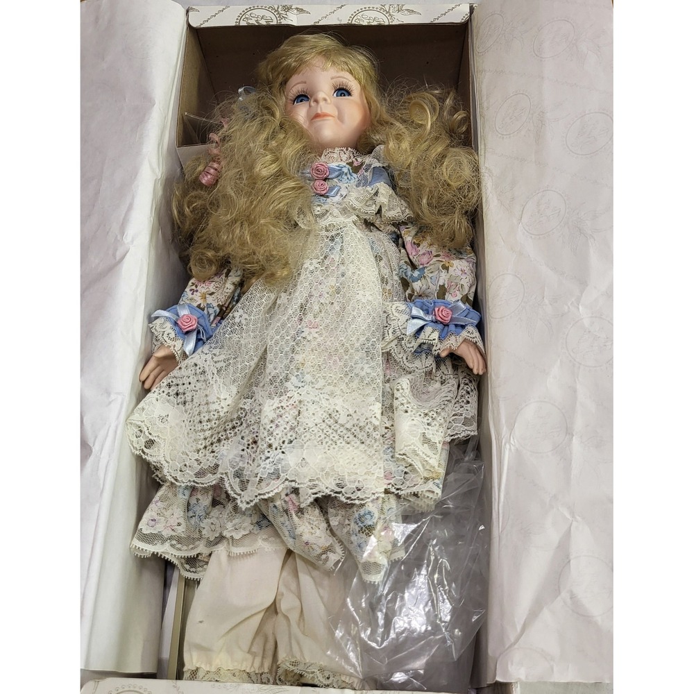 Kingstate The Dollcrafter Porcelain Doll Blonde Blue Eyes Lace Floral Dress 18"